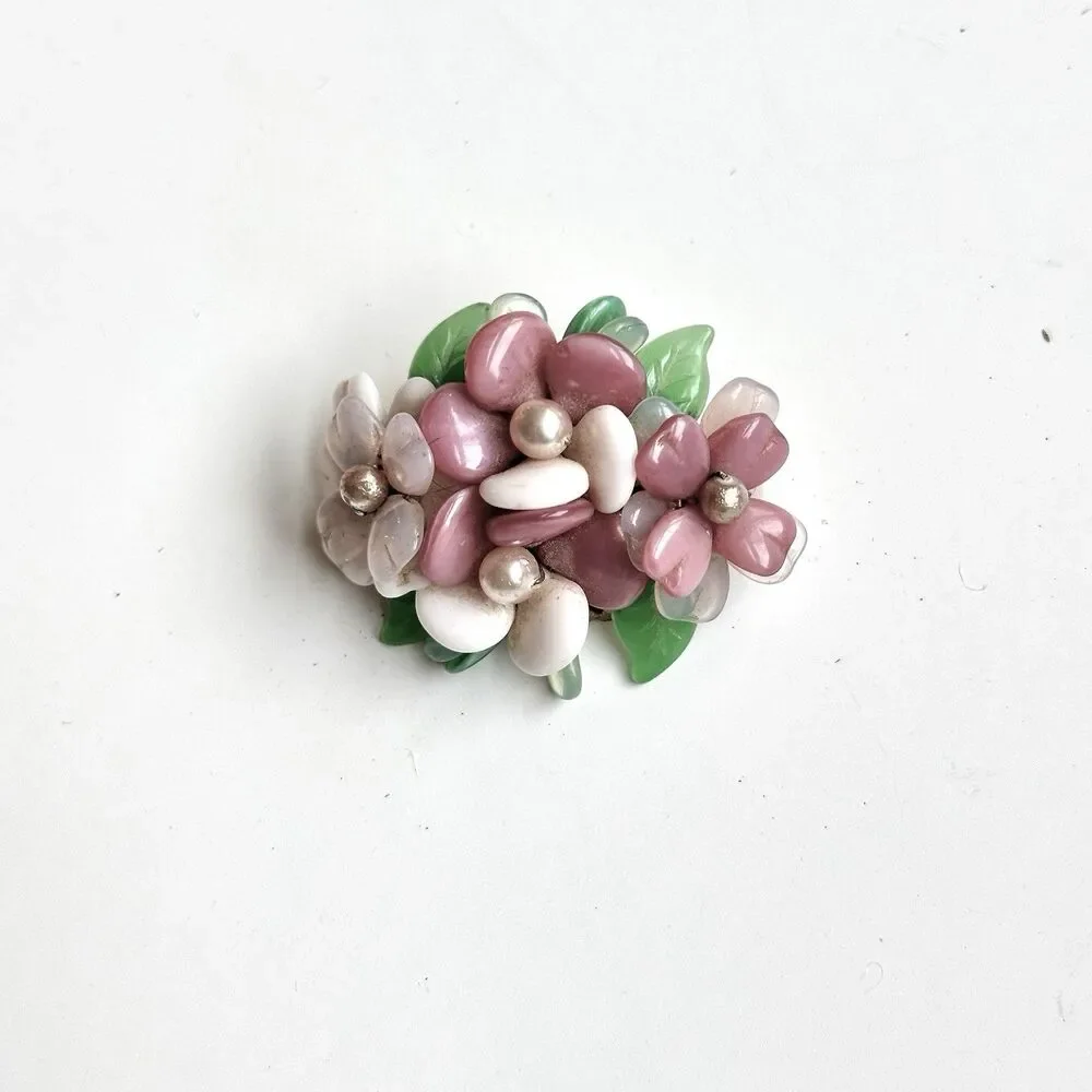 RARE VTG 50s MCM West Germany Pastel Flowers Lucite Brooch Bouquet Cluster 1.75”